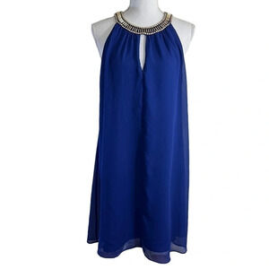 Vince Camuto Indigo Blue Chiffon Dress Size 6 Keyhole Neckline Gold Metal Beads